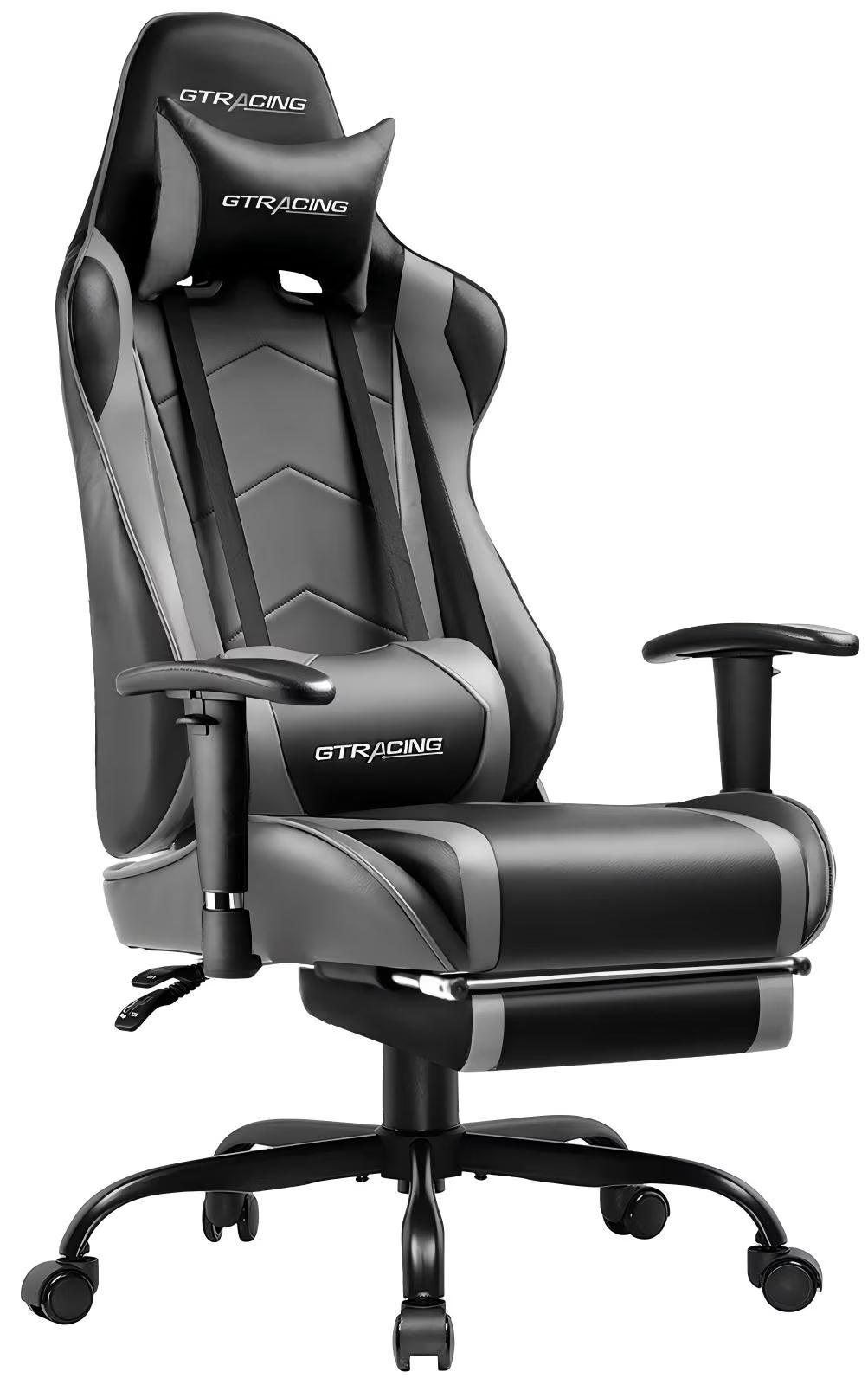Gaming Chair with Footrest PU Leather Office Chair with Adjustable Headrest, Gray