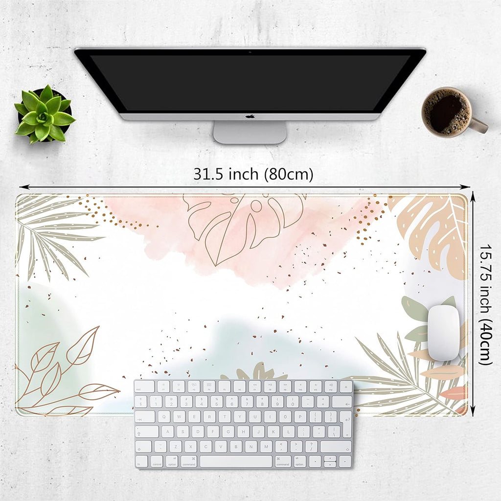 Keyboard Mat Boho Pastel Painting Mousepad Matcha Green Plant Abstract Accessories Desk Pad Mouse Mat Desk Mat for Desktop Gamer Girl Office Accessories for Women Large Desk Mats, 31.5 X 15.75 In