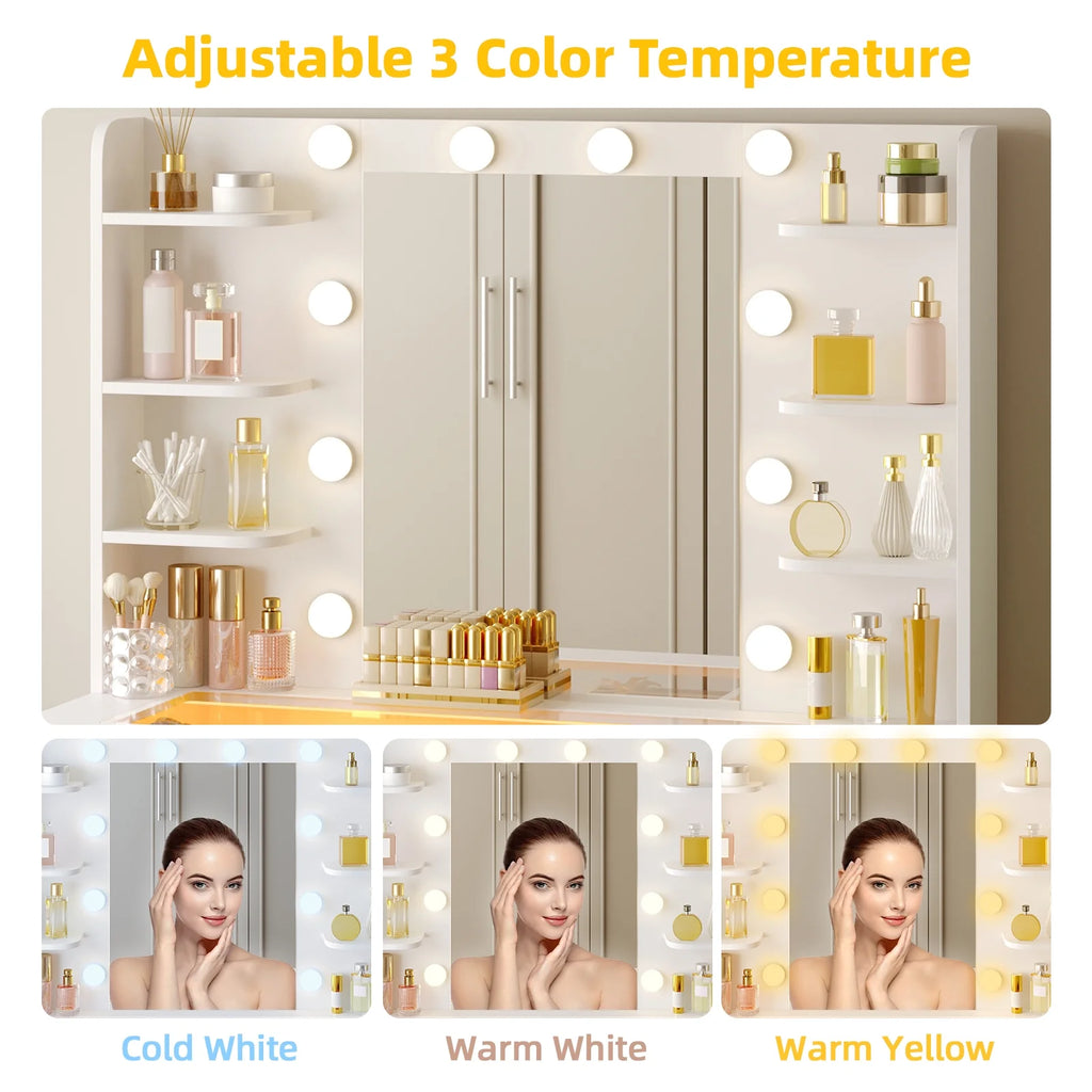 White Vanity Desk with Mirror & Lights, Power Outlet, 3 Colors, 2 RGB Drawers, 6 Shelves