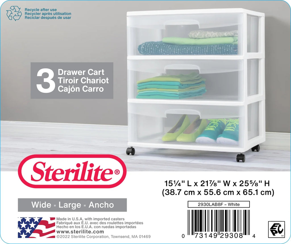 Wide 3 Drawer Cart, Clear Plastic Storage Drawers, Wheels Included, White