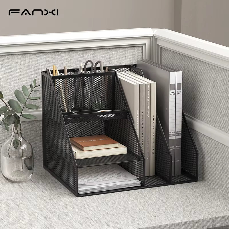 Desk Organizer with File Holder, Desk Organizers with 3 Tier Letter Trays and 2 Pen Holders,