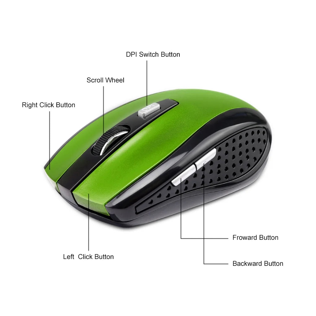 Wireless Gaming Mouse Adjustable DPI 2.4G 6 Buttons Optical Mouse for Laptop Notebook PC, Green