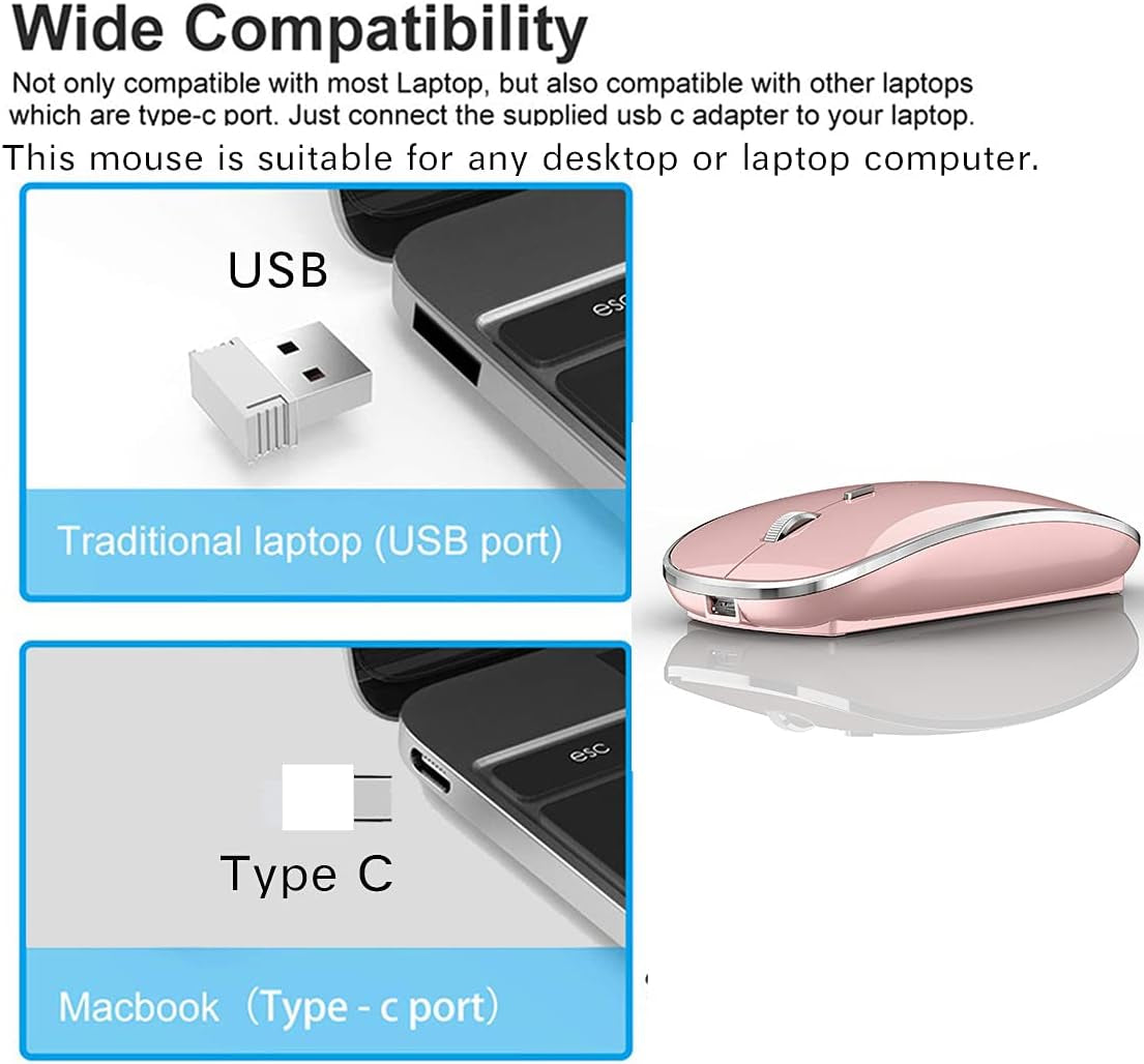 Wireless Mouse for Macbook Pro Macbook Air Macbook Laptop Mac Imac Desktop Computer Chromebook Win7/8/10/11 PC HP Dell Laptop 2.4 USB/USB C Mouse (Rose Gold)