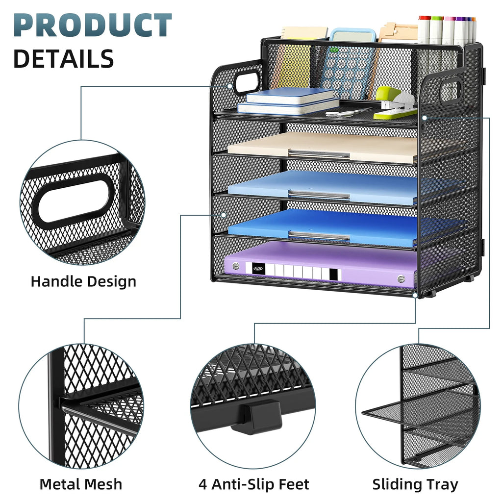 5-Tier Paper Letter Tray Organizer with Pen Holder, Mesh Desk Organizer with Handle
