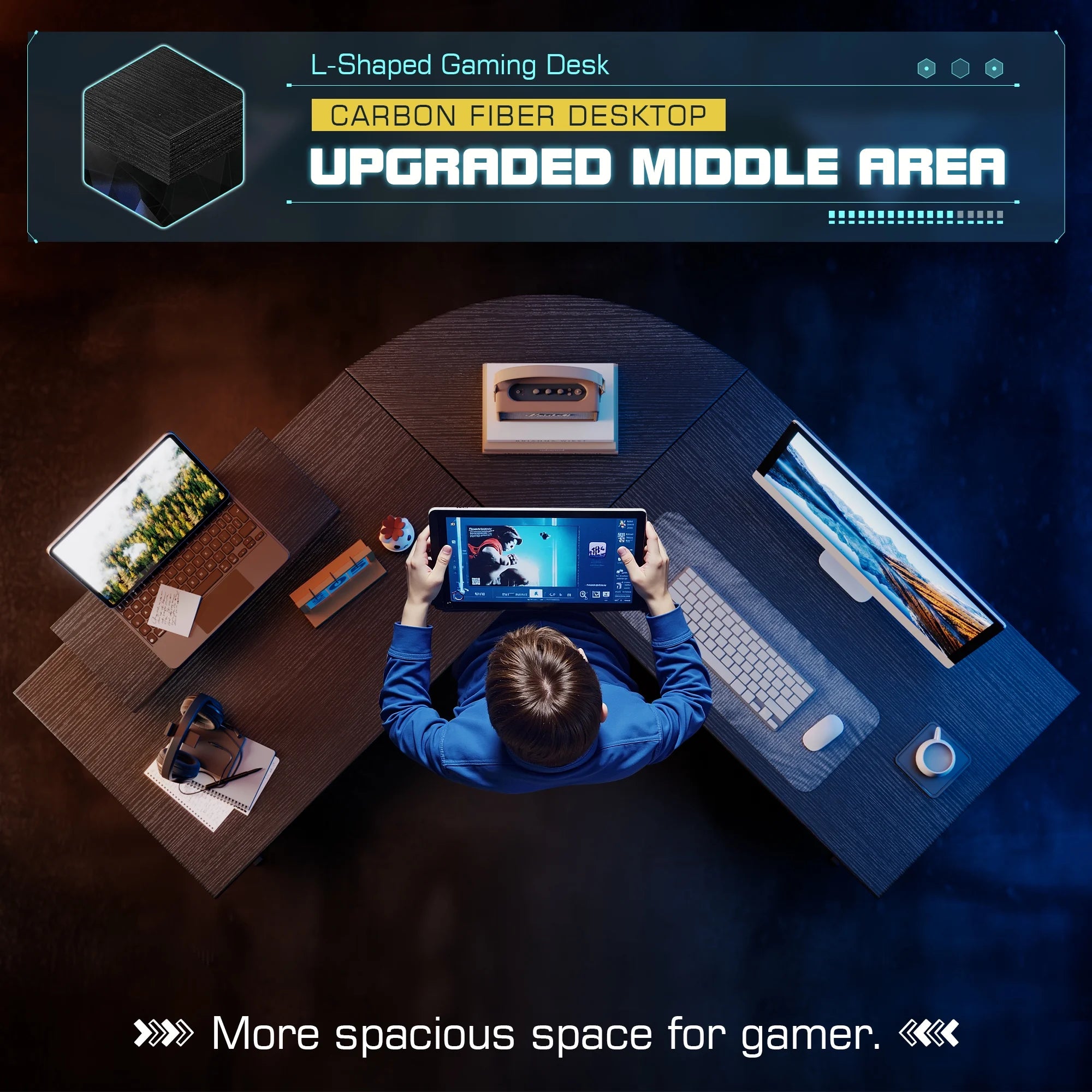 L-Shaped Gaming Desk 51 Inches Corner Office Gaming Desk with Removable Monitor Riser, Classical Black