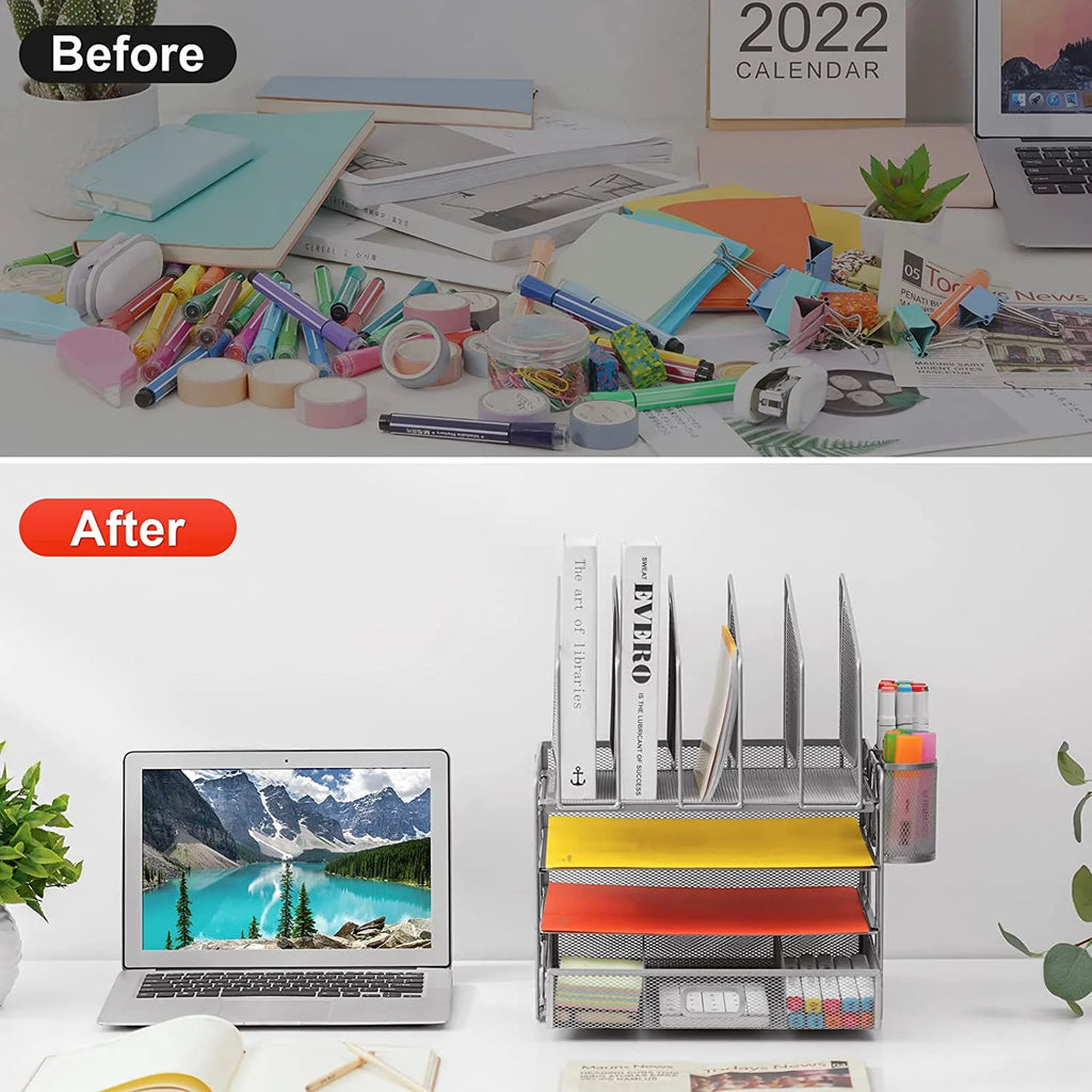 Desk Organizer with Drawer, 4-Tier Mesh Desk File Organizer with 5 Vertical File Holders and 2 Pen Holders, Multifunction Desktop Organizer