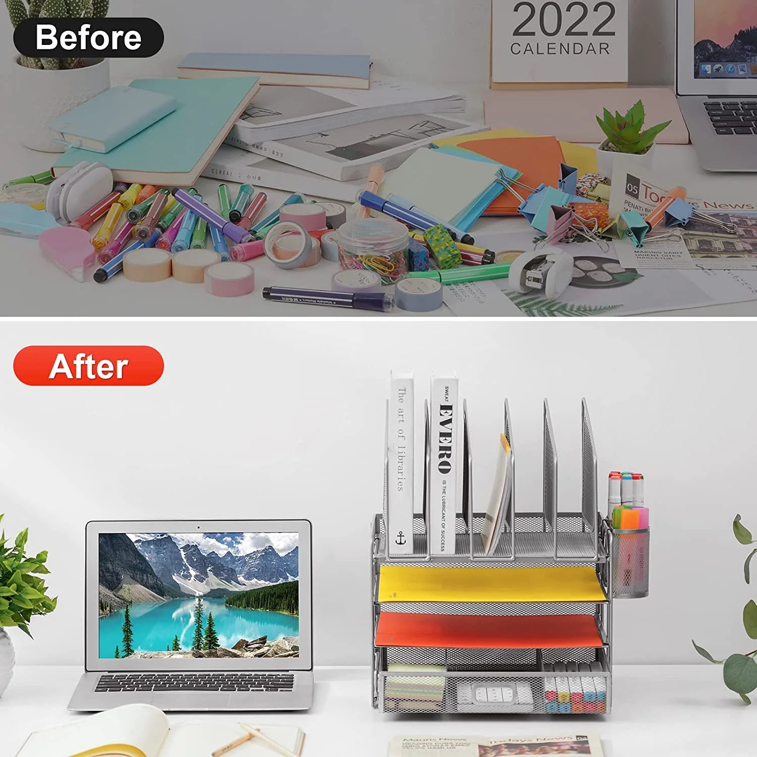 Desk Organizer with Drawer, 4-Tier Mesh Desk File Organizer with 5 Vertical File Holders and 2 Pen Holders, Multifunction Desktop Organizer