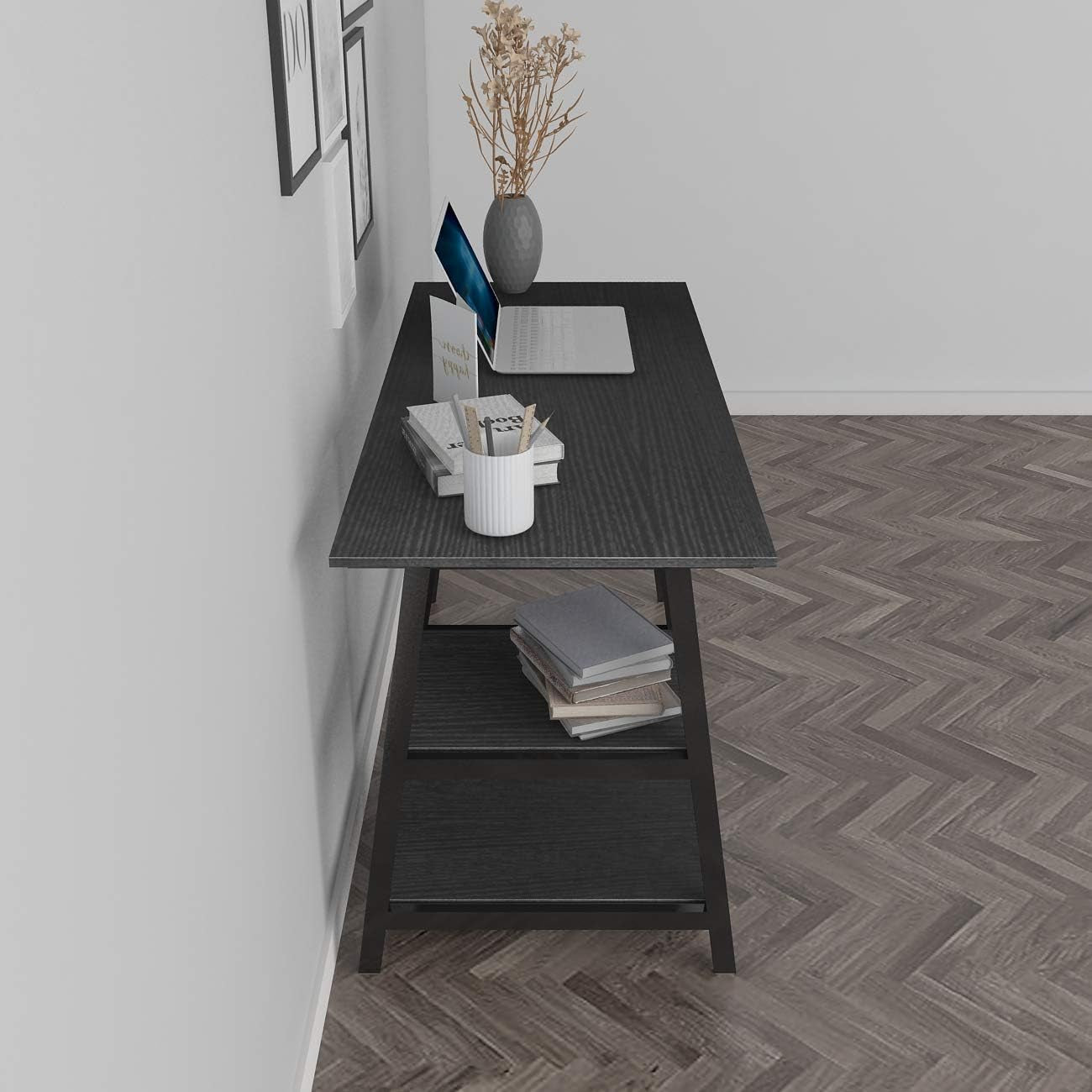 Trestle Desk, 47 Inches, Reversible Storage, Home Office Computer Desk, Student Desk, Black