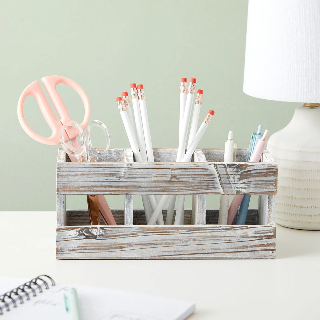 Rustic-Style Desk Pencil Holder with 3 Compartments - Farmhouse Decor and Wooden Organizer for Pen and Office Accessories