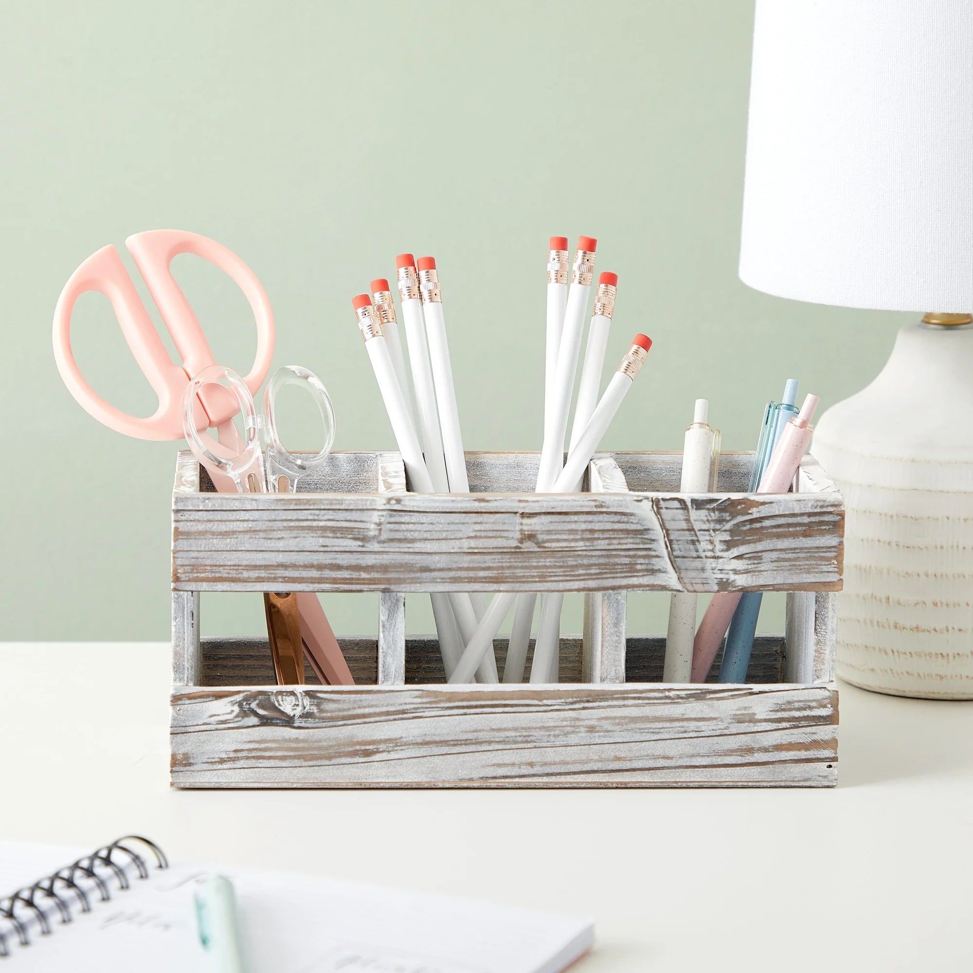 Rustic-Style Desk Pencil Holder with 3 Compartments - Farmhouse Decor and Wooden Organizer for Pen and Office Accessories