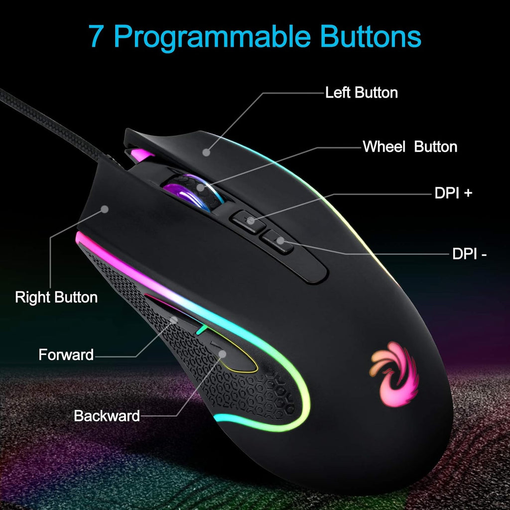 Wired Mouse - Black, USB, 7200 DPI, 4 Lighting Mode, Plug and Play, Ergonomic Design, Compatible with Windows/Mac