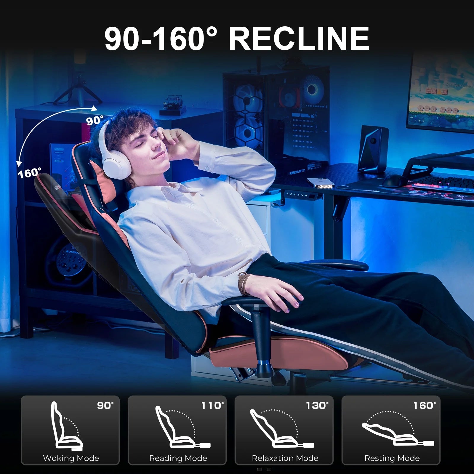 Gaming Chair with Footrest PU Leather Office Chair with Adjustable Headrest, Pink