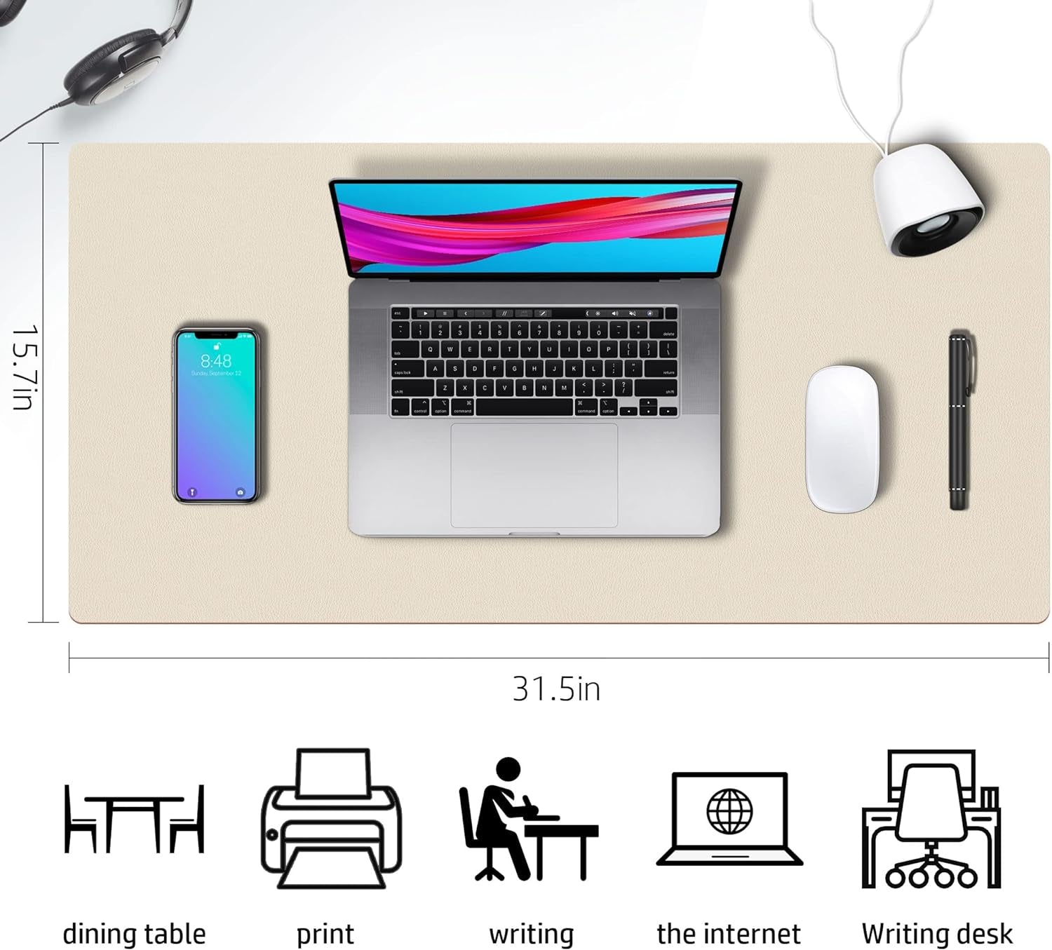 Double-Sided PU Leather Desk Pad - Non-Slip Large Mouse Pad & Desk Mat for Office, Home - Waterproof, Easy to Clean,(31.5" X 15.7", Beige)