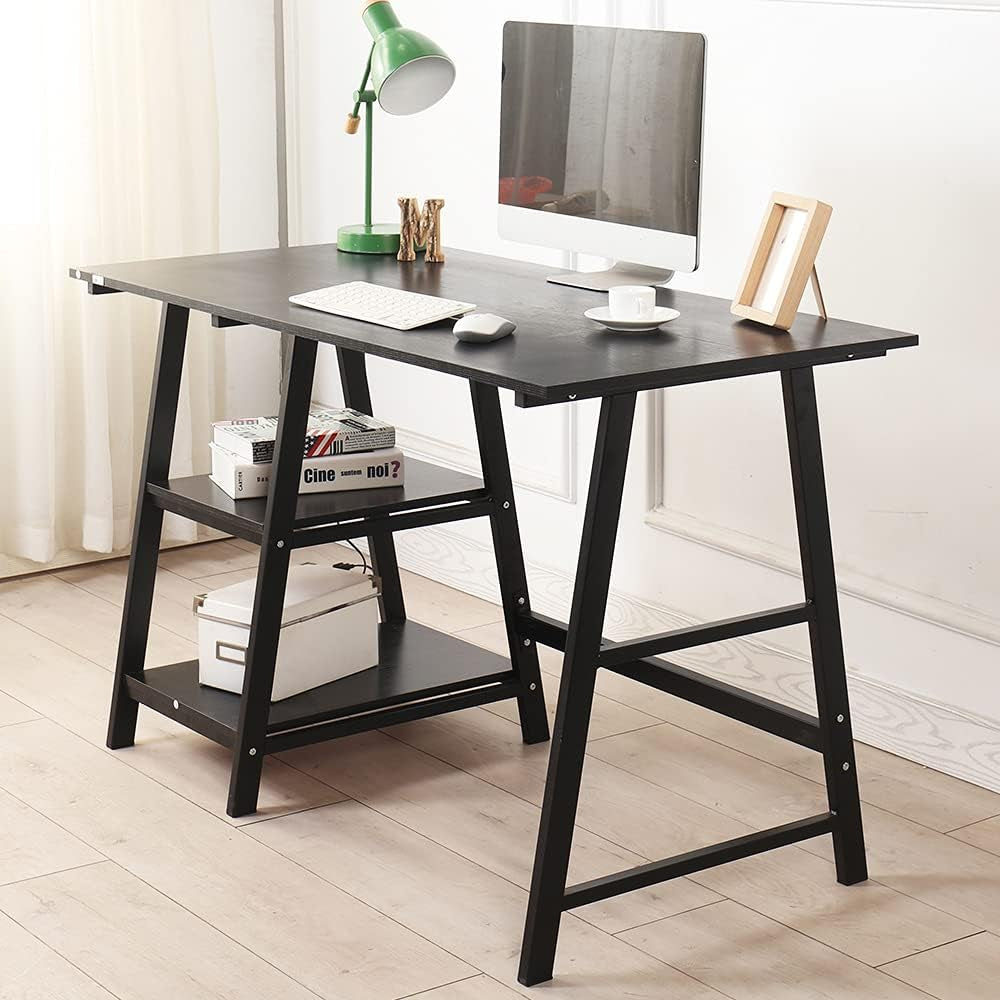 Trestle Desk, 47 Inches, Reversible Storage, Home Office Computer Desk, Student Desk, Black