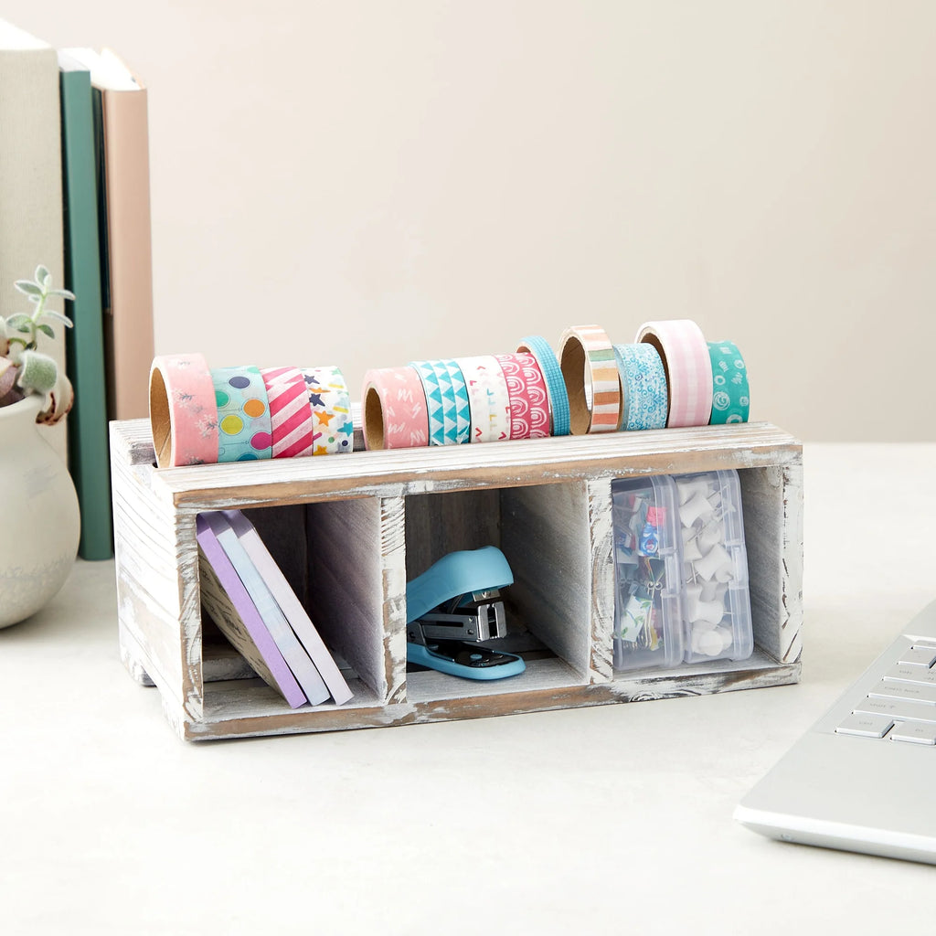 Rustic-Style Desk Pencil Holder with 3 Compartments - Farmhouse Decor and Wooden Organizer for Pen and Office Accessories