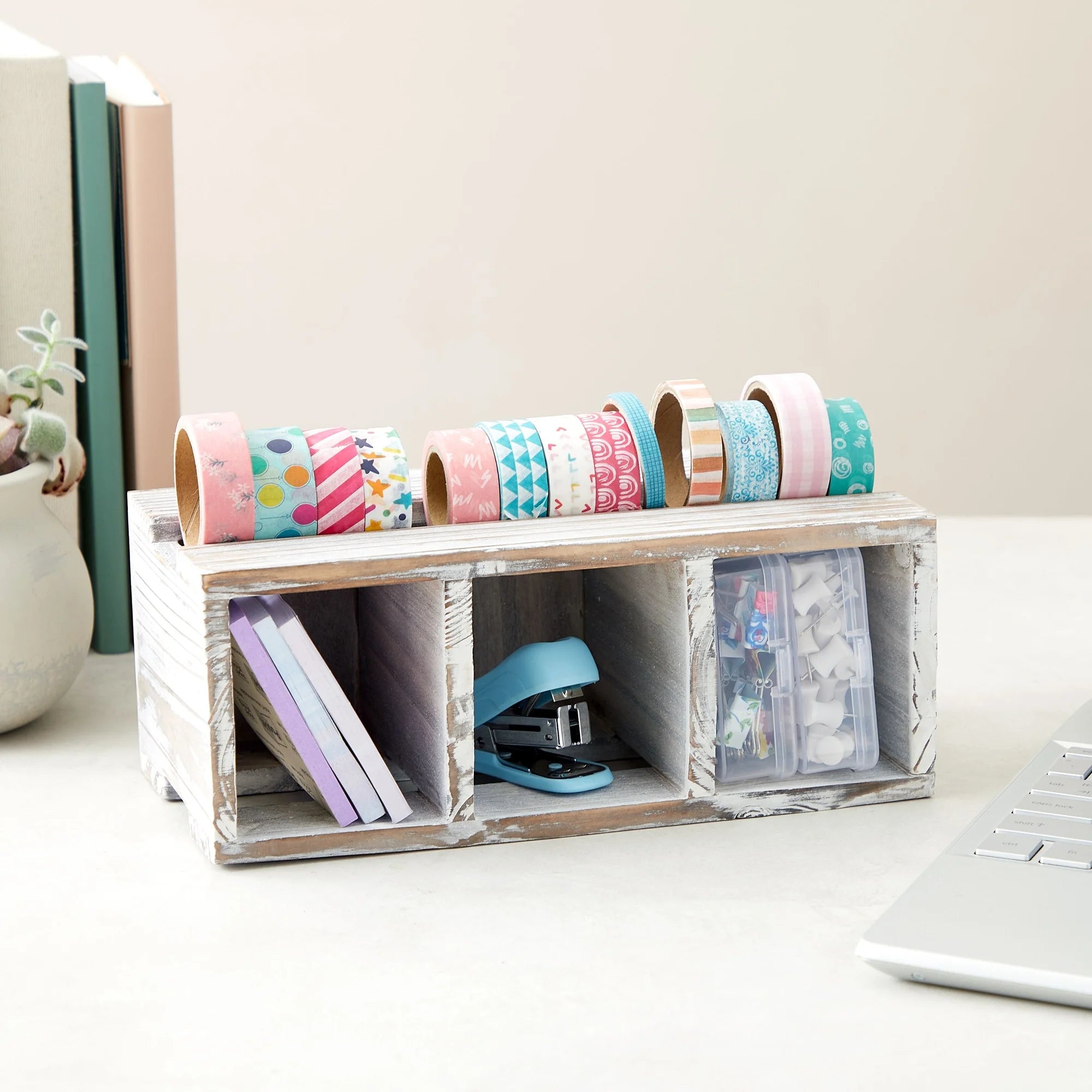 Rustic-Style Desk Pencil Holder with 3 Compartments - Farmhouse Decor and Wooden Organizer for Pen and Office Accessories