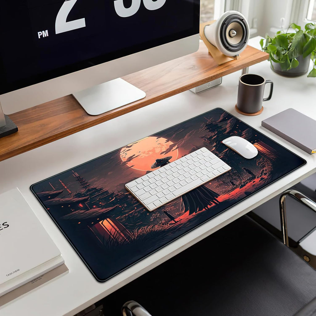 Japanese Landscape Desk Mat Post Moonlight Samurai Mouse Pad Large Dark Aesthetic Desk Pad Gaming Mousepad Extended XXL 31.5 X 15.7 in Laptop Computer Mouse Keyboard Mat