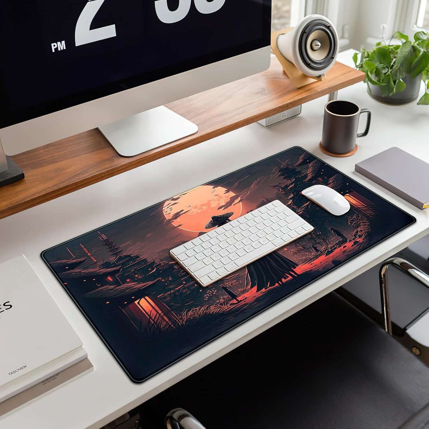 Japanese Landscape Desk Mat Post Moonlight Samurai Mouse Pad Large Dark Aesthetic Desk Pad Gaming Mousepad Extended XXL 31.5 X 15.7 in Laptop Computer Mouse Keyboard Mat