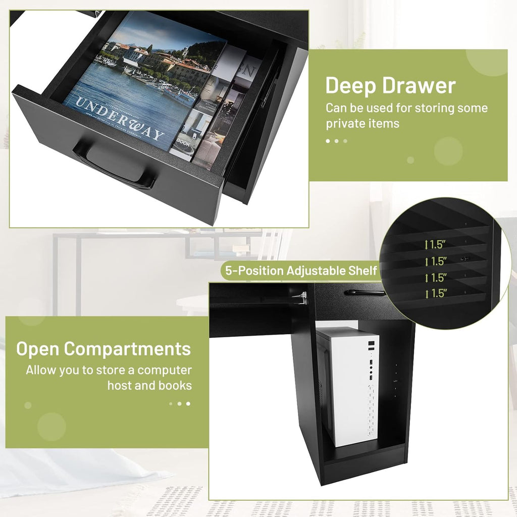 Computer Desk with Drawer & Keyboard Tray, Modern Study Writing Desk with Desktop Hutch & Storage Shelves, Home Office Wooden PC Laptop Desk, Desk for Bedroom