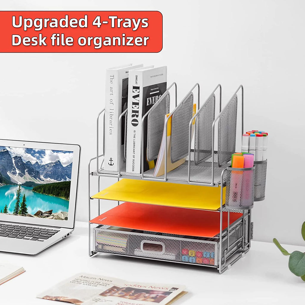 Desk Organizer with Drawer, 4-Tier Mesh Desk File Organizer with 5 Vertical File Holders and 2 Pen Holders, Multifunction Desktop Organizer