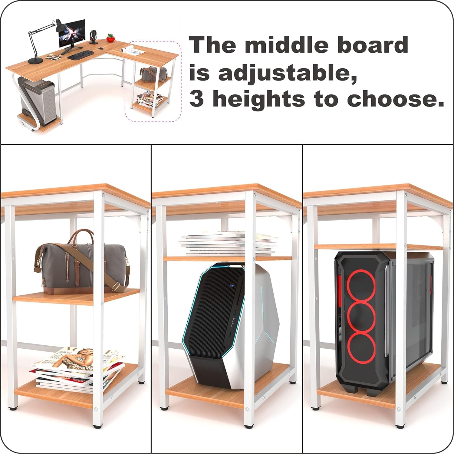 L Shaped Desk with Storage Shelf Reversible Gaming Desk Corner Computer Desk for Home Office, Spacious Laptop Table Saving Space PC Workstation, Walnut