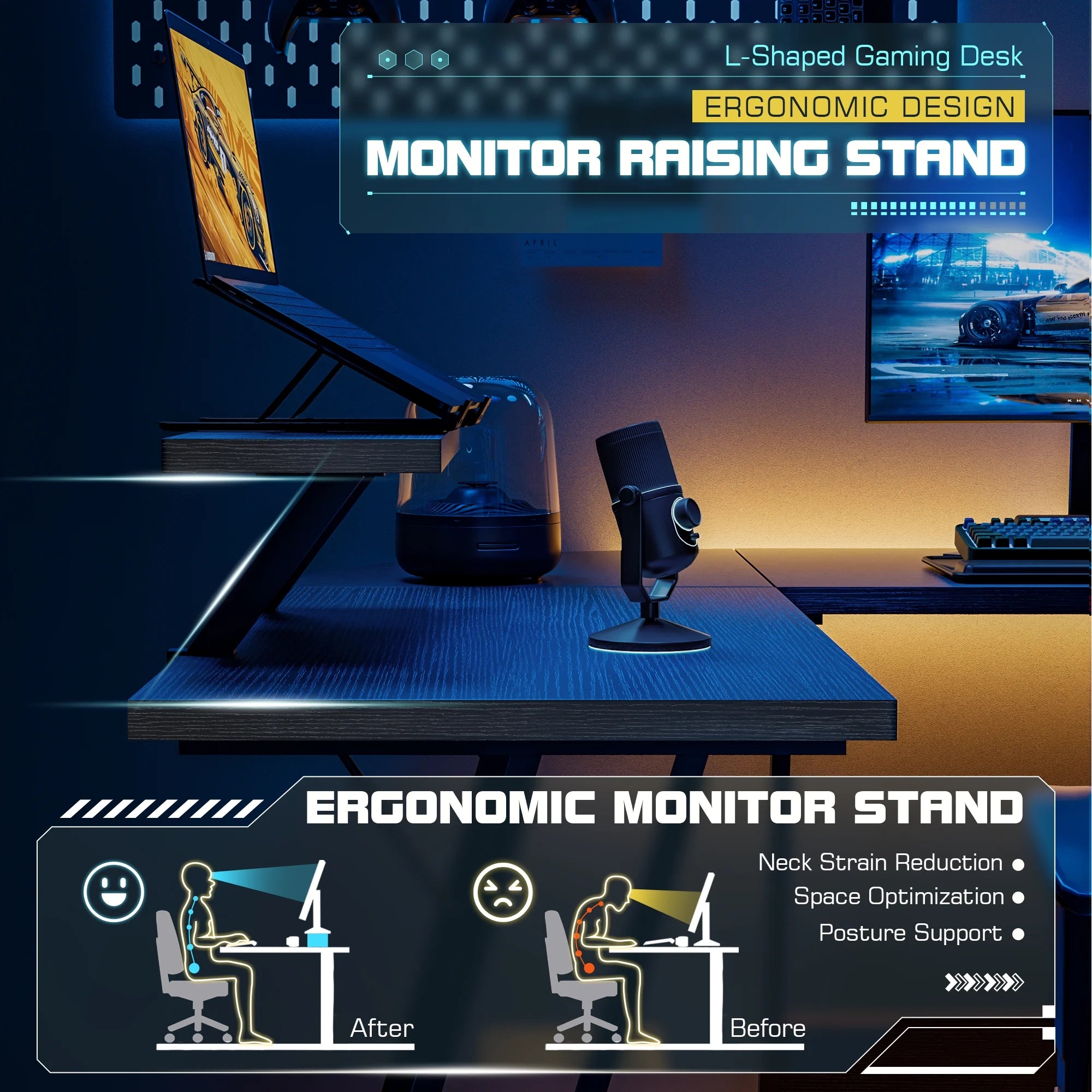 L-Shaped Gaming Desk 51 Inches Corner Office Gaming Desk with Removable Monitor Riser, Classical Black