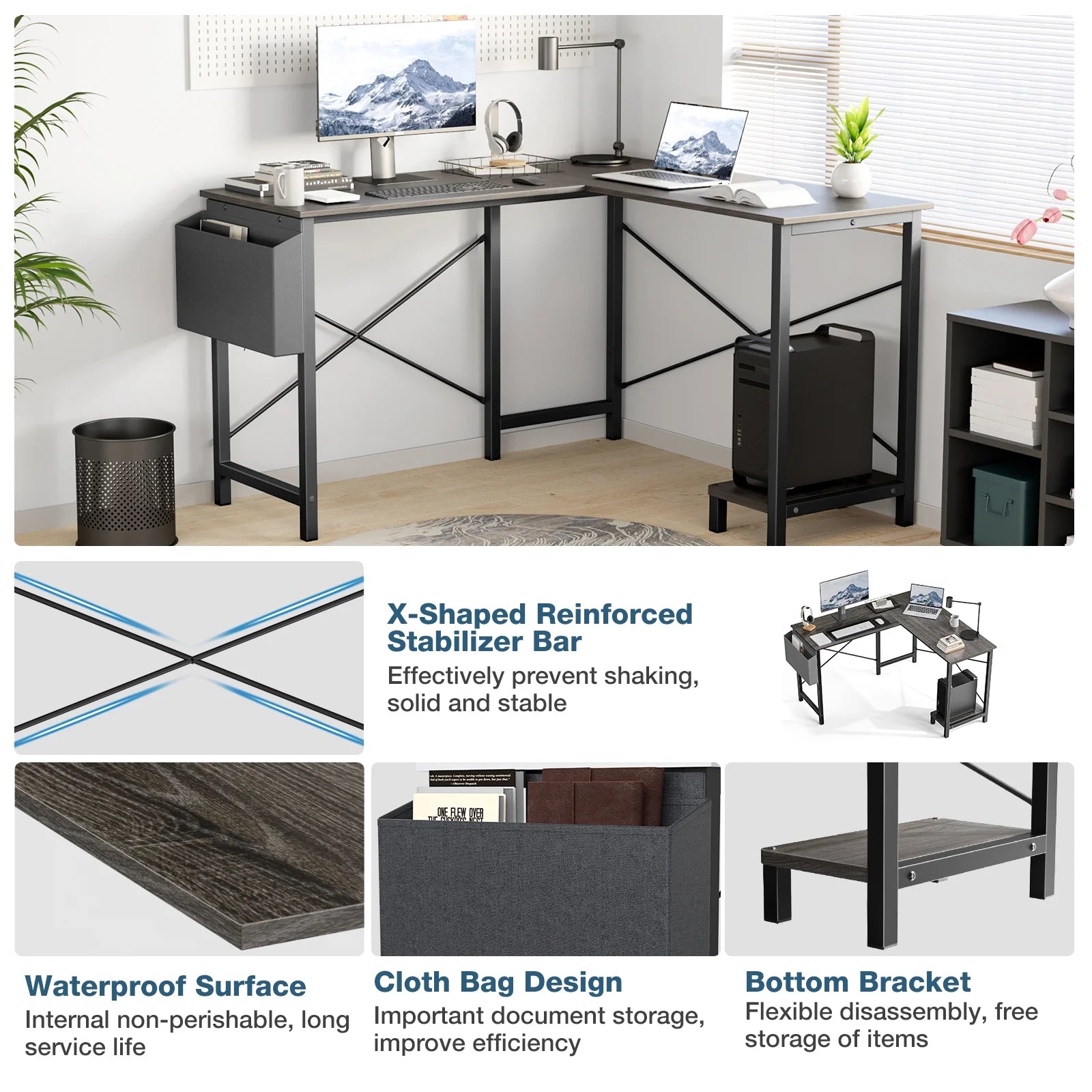 L Shaped Computer Corner Desk, Gaming Table 50 Inch PC Writing Study Desk for Home Office Dorm Small Space, Gray