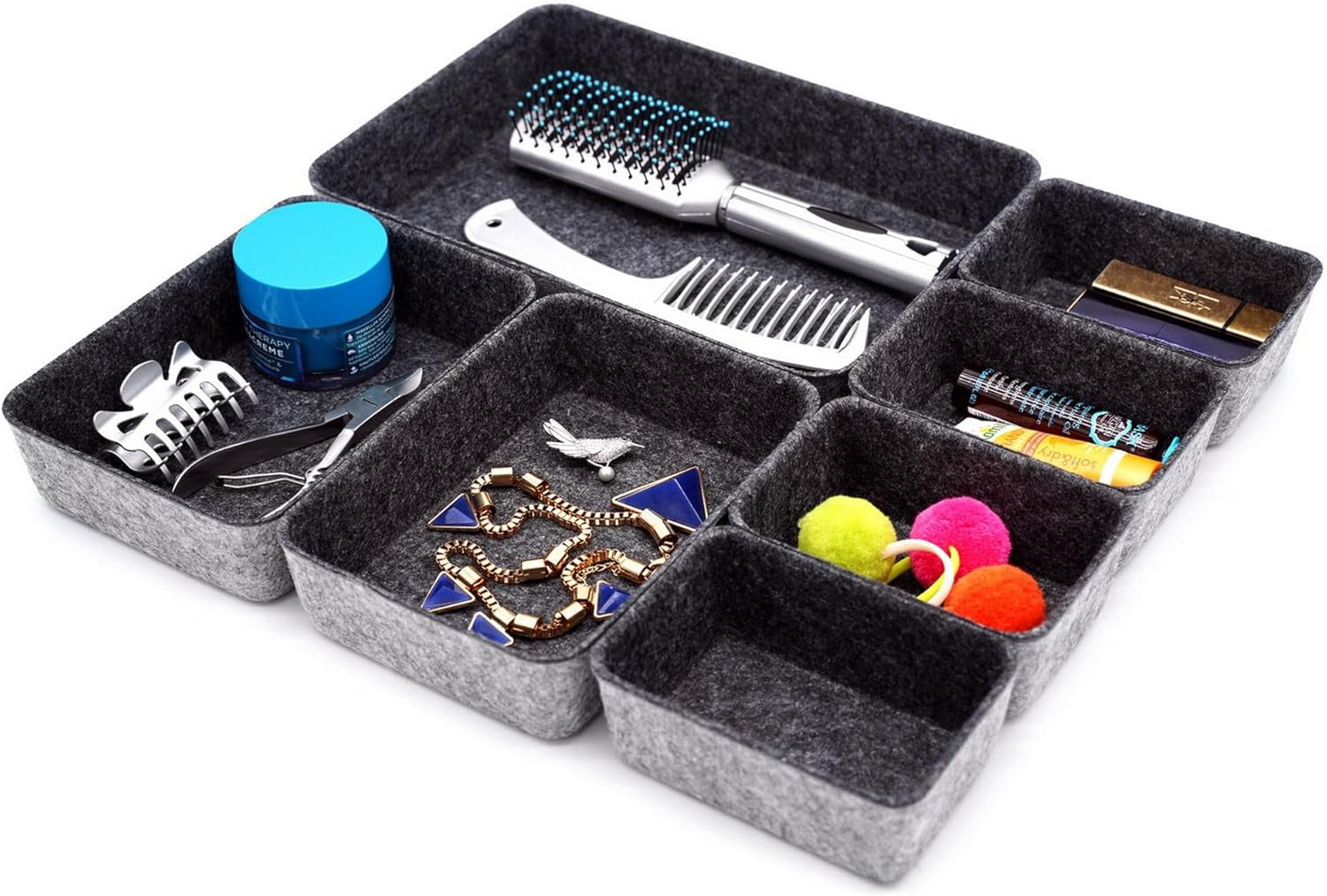 Drawer Organizers Tray Felt Storage Bin Office Shallow Small Desk Box Draw Dividers Stylish Interior Room Decor 7-Piece (Charcoal)
