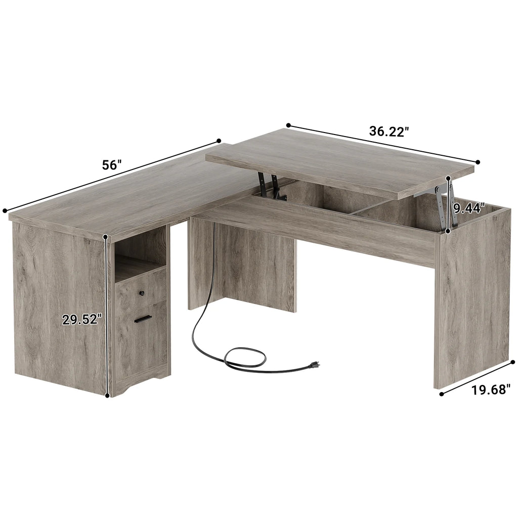 L Shaped Desk with Power Outlets and USB Charging Ports, Lift Top Corner Computer Desk with Drawer, Large Office Desk with Storage Shelves, L Shaped Standing Desk for Home Office, Wash Gray
