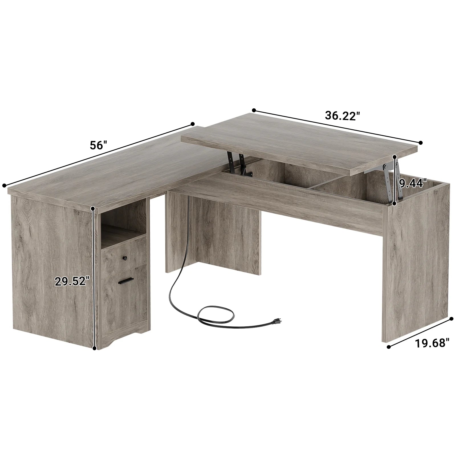 L Shaped Desk with Power Outlets and USB Charging Ports, Lift Top Corner Computer Desk with Drawer, Large Office Desk with Storage Shelves, L Shaped Standing Desk for Home Office, Wash Gray