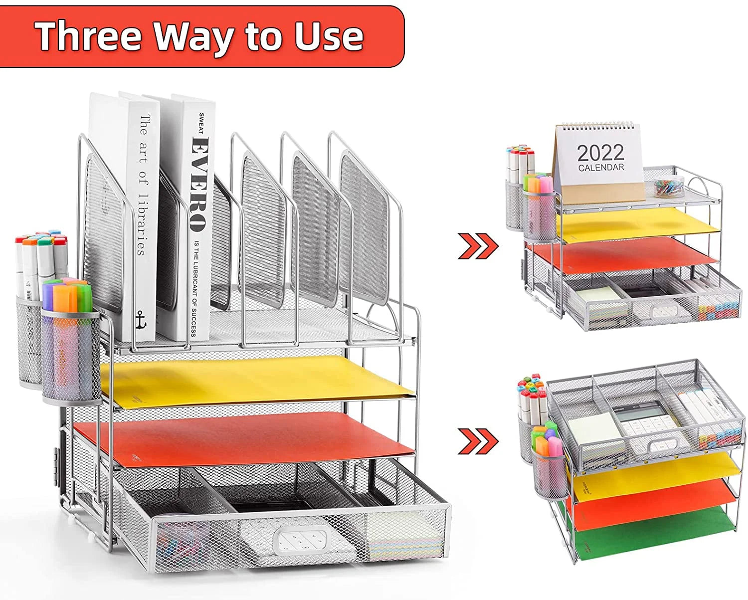 Desk Organizer with Drawer, 4-Tier Mesh Desk File Organizer with 5 Vertical File Holders and 2 Pen Holders, Multifunction Desktop Organizer