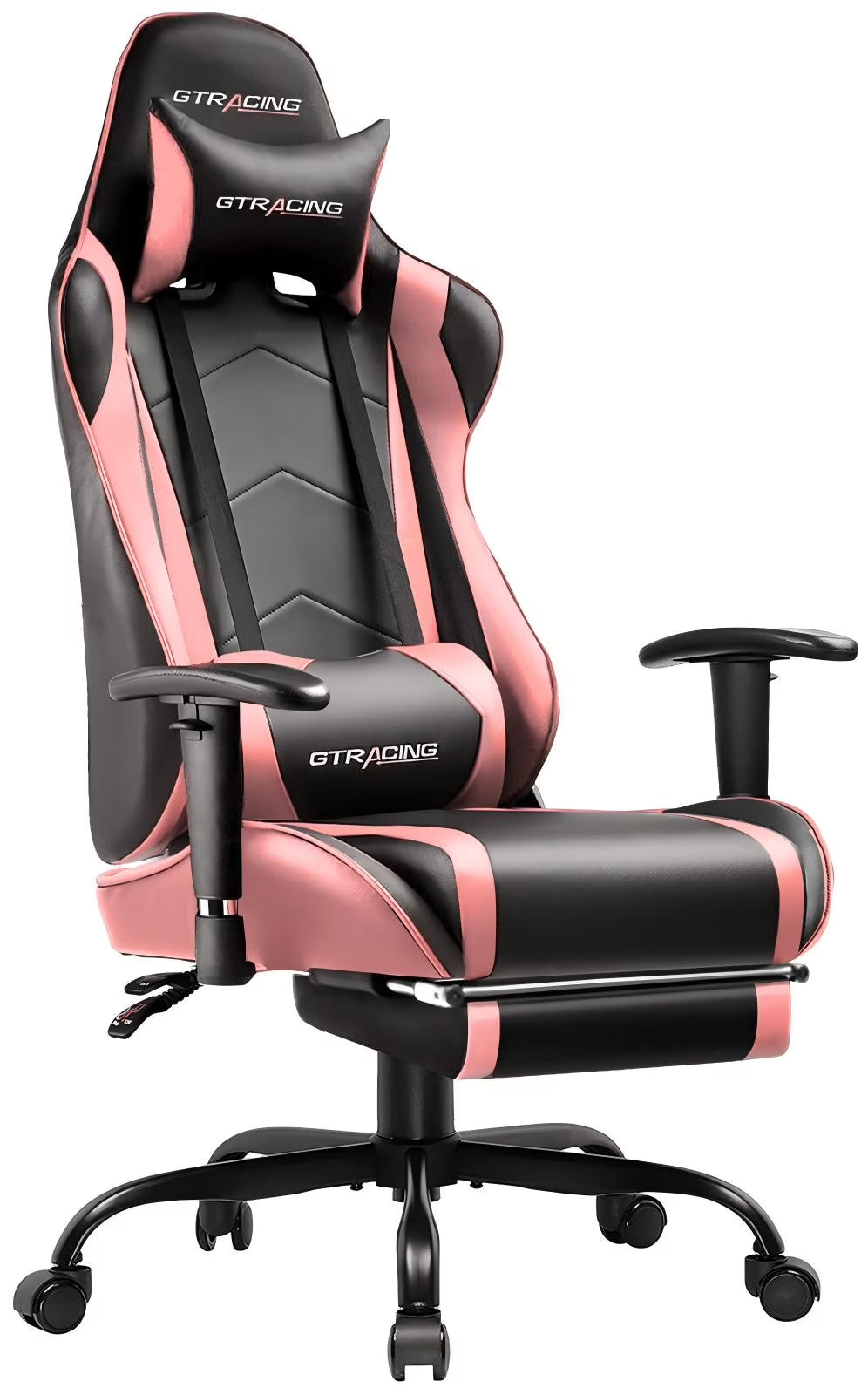 Gaming Chair with Footrest PU Leather Office Chair with Adjustable Headrest, Pink
