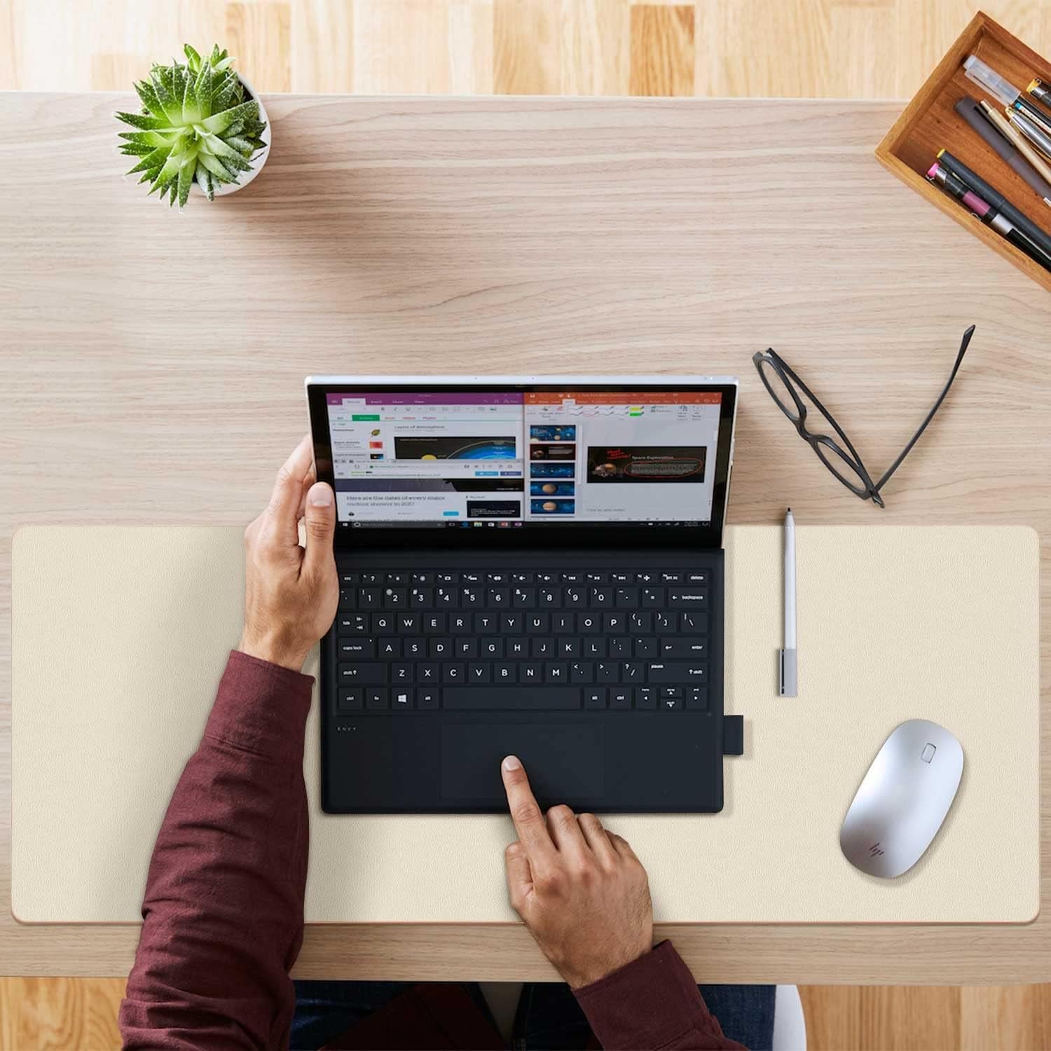 Double-Sided PU Leather Desk Pad - Non-Slip Large Mouse Pad & Desk Mat for Office, Home - Waterproof, Easy to Clean,(31.5" X 15.7", Beige)