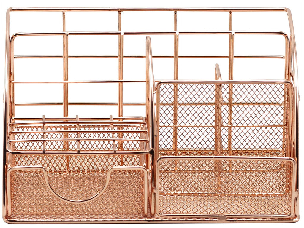 Rose Gold Desk Organizer: Pen Holder, Mail Caddy, with Drawer for Office or Home