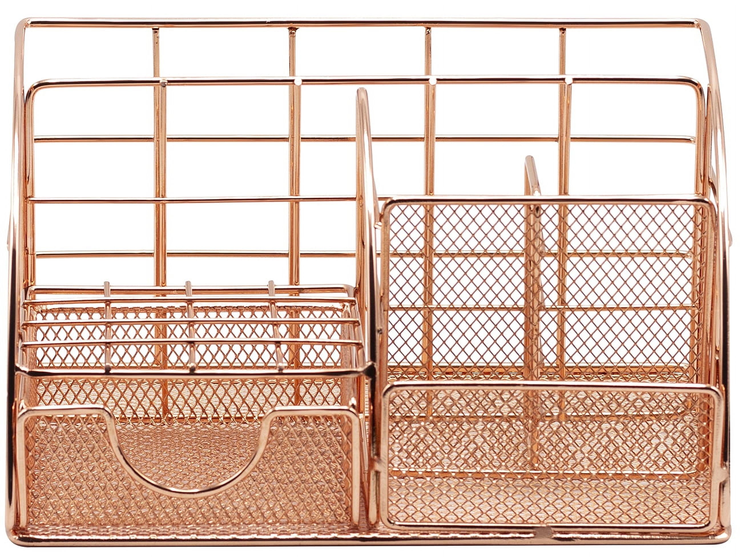 Rose Gold Desk Organizer: Pen Holder, Mail Caddy, with Drawer for Office or Home