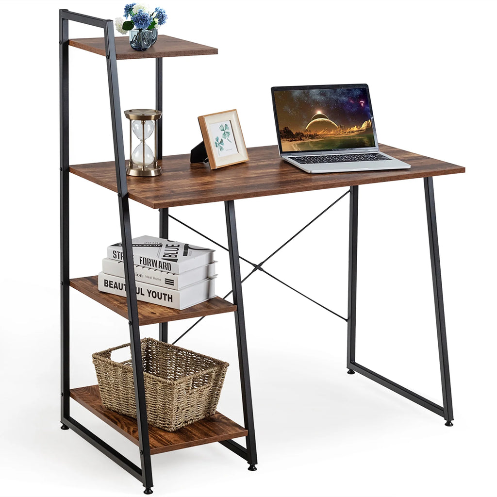 Modern Computer Desk with 3-Tier Storage Shelf CPU Stand Metal Frame for Bedroom