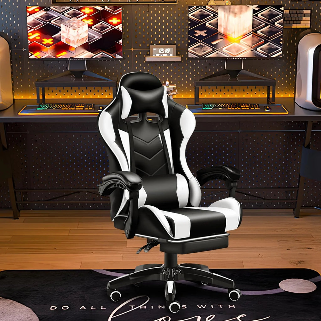 Gaming Chair with Adjustable Footrest, High Back Office Chair with Lumbar Support & Adjustable Headrest Video Game Chairs for Adults Black
