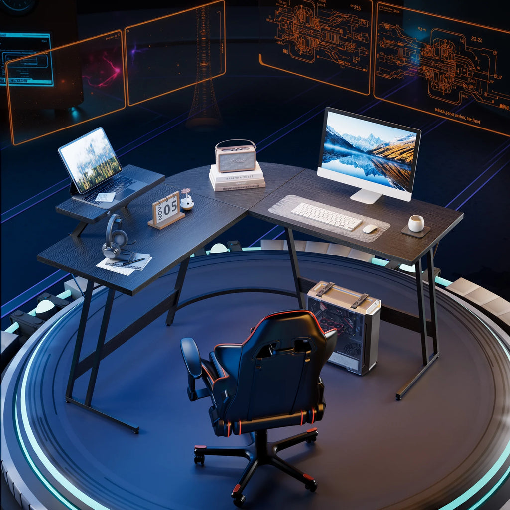L-Shaped Gaming Desk 51 Inches Corner Office Gaming Desk with Removable Monitor Riser, Classical Black