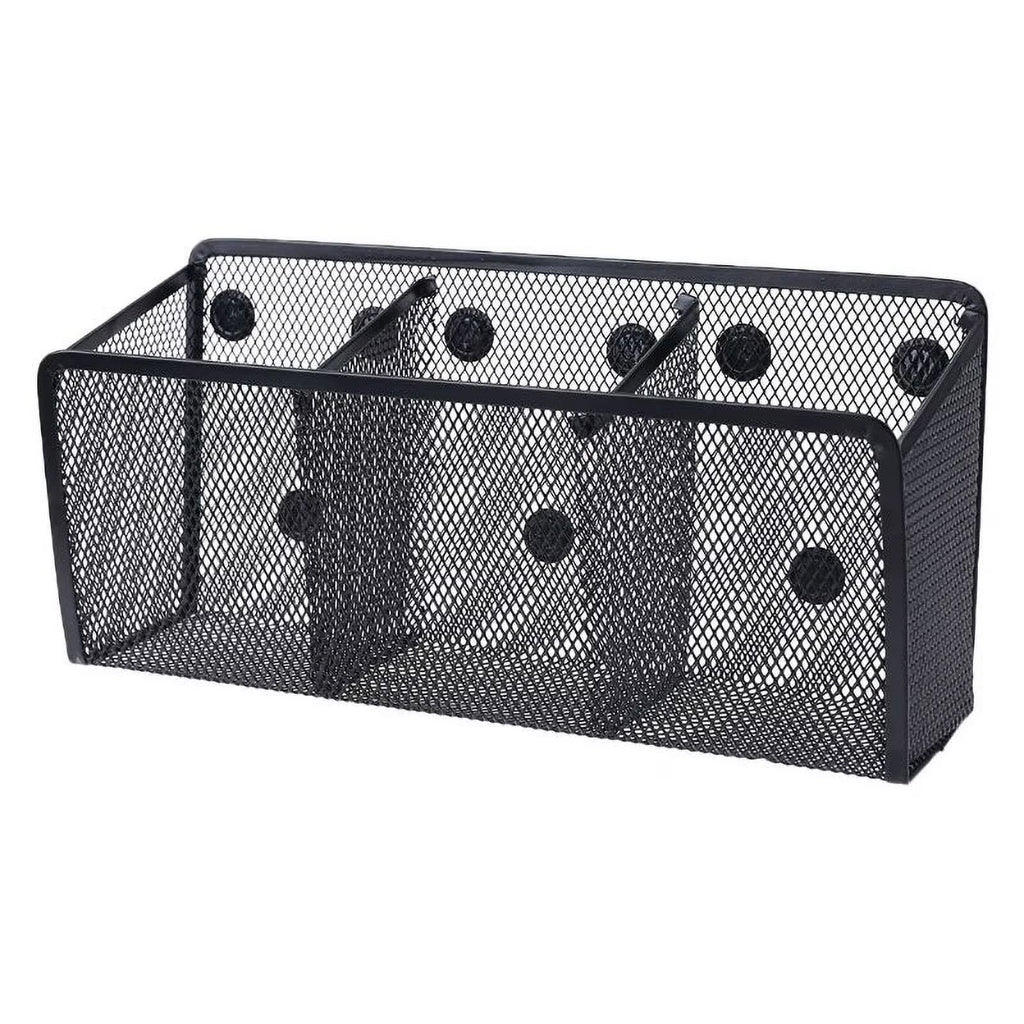 Magnetic Metal Mesh Pencil Holder, Wire Mesh Storage Basket Organizer with Strong Magnet for Refrigerator, Whiteboard, Locker Accessories, Office Supplies Organizers, 3 Slot Black