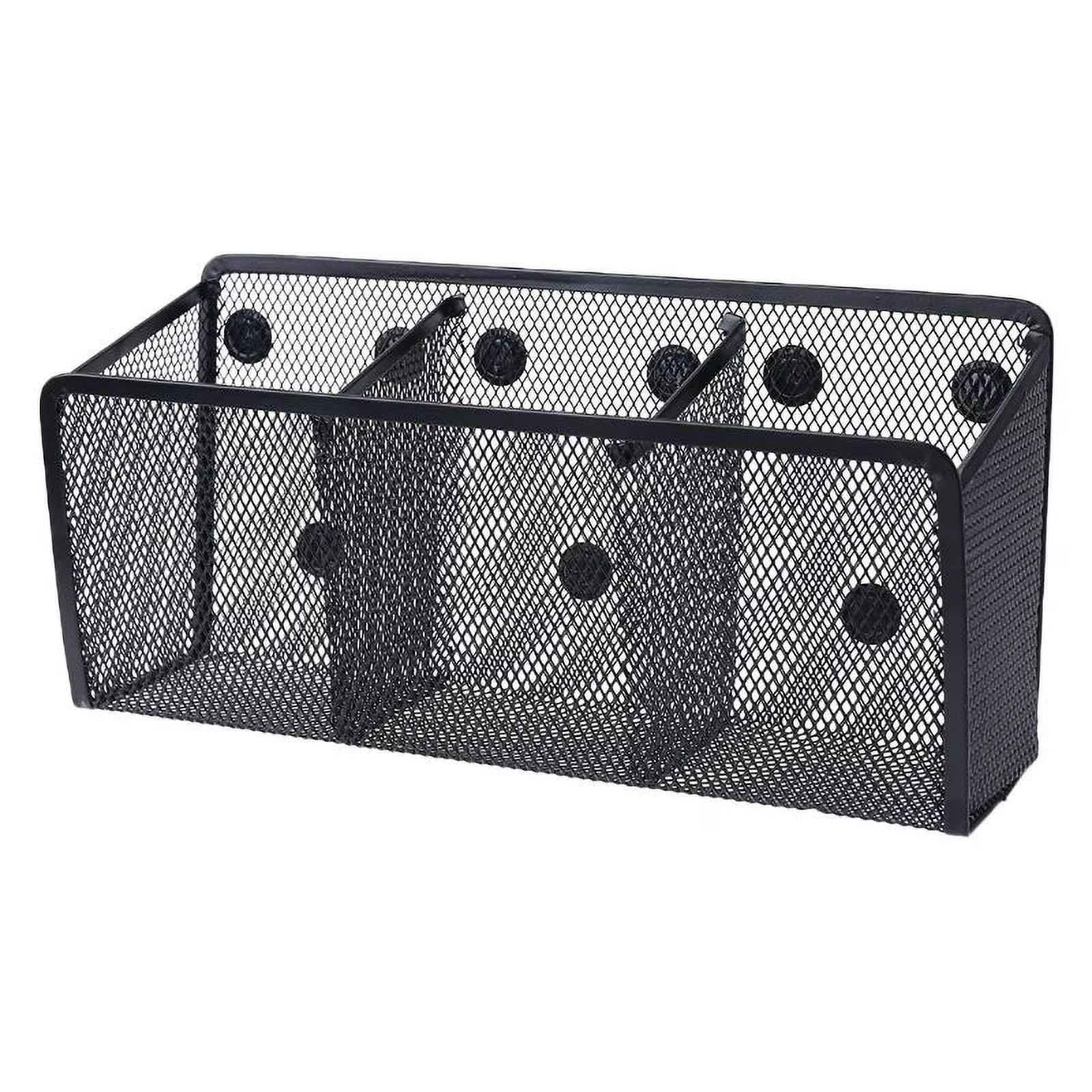 Magnetic Metal Mesh Pencil Holder, Wire Mesh Storage Basket Organizer with Strong Magnet for Refrigerator, Whiteboard, Locker Accessories, Office Supplies Organizers, 3 Slot Black