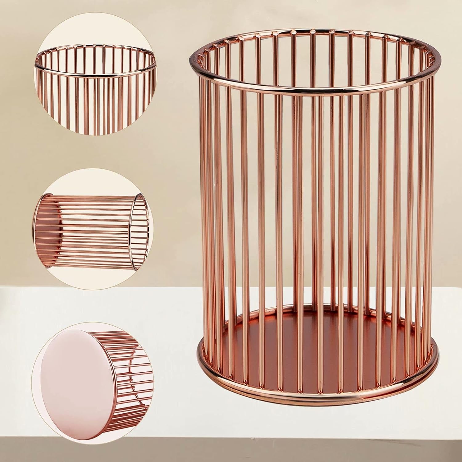 Pen Pencil Holder, Metal Wire Pen Pencil Cup Holders for Desk Cute Organizer, Makeup Brushes Cup Holder Organizer (1PC Rose Golden+1Pc Golden), by