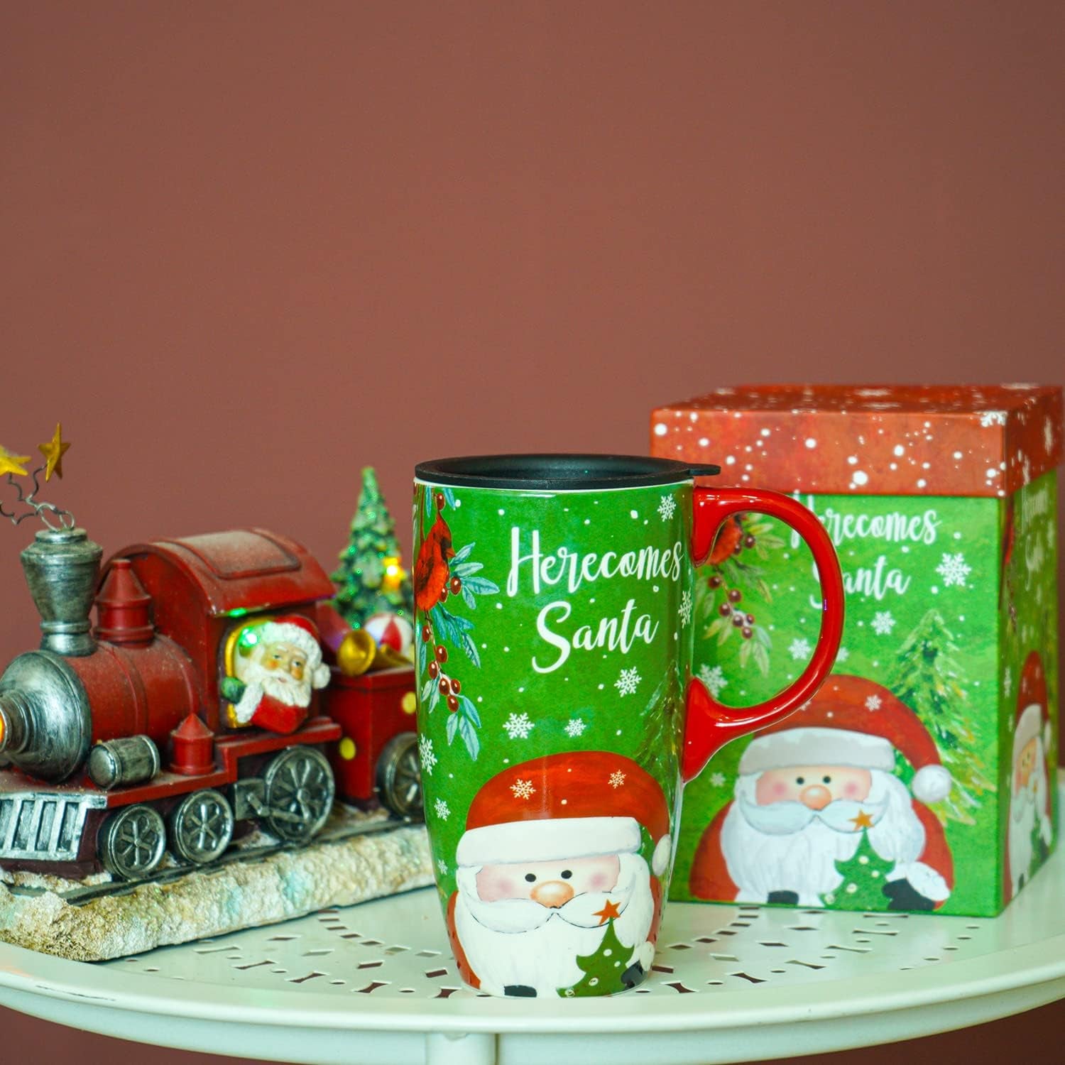 Christmas Ceramic Mug Coffee Cup with Sealed Lid and Gift Box Latte Mug, 17Oz. Here Comes Santa Claus