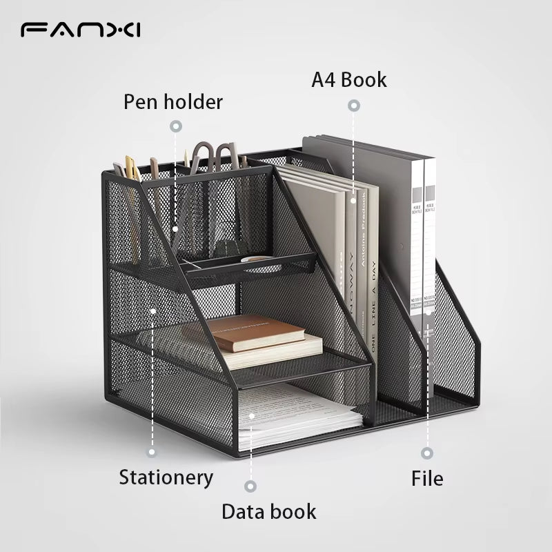 Desk Organizer with File Holder, Desk Organizers with 3 Tier Letter Trays and 2 Pen Holders,