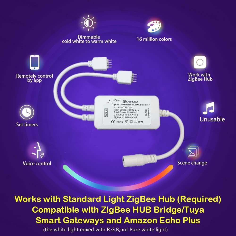 Smart Zigbee 32.8Ft RGB LED Strip Lights Dimmable Kit with Zigbee 3.0 Controller Work with Zigbee Hub Bridge Echo plus for App/Voice Control Ambiance Lighting Alexa LED Strips