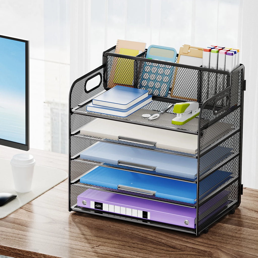 5-Tier Paper Letter Tray Organizer with Pen Holder, Mesh Desk Organizer with Handle