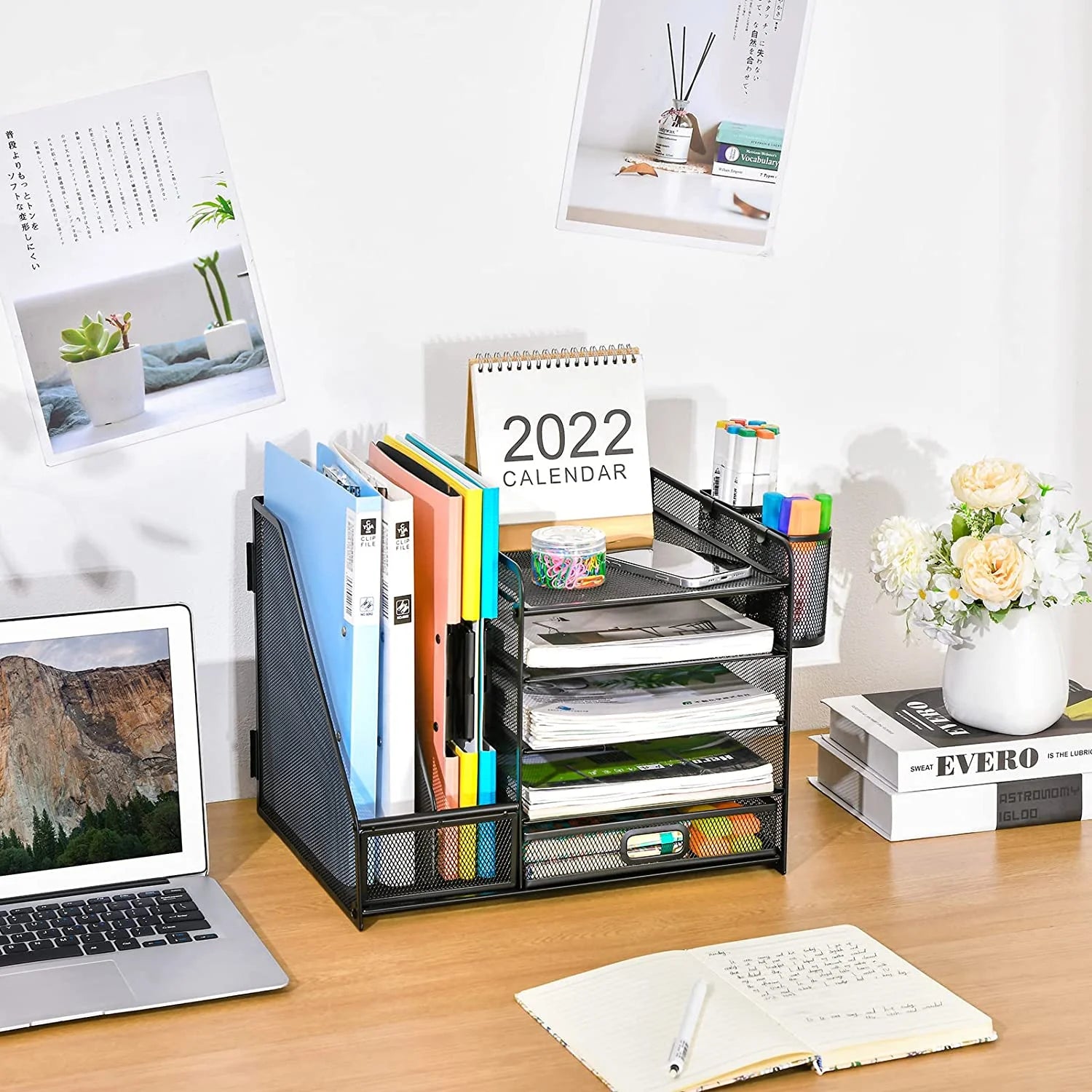 Metal Mesh 5-Tier Desk Organizer with File Holder, Drawer, Pen Holders - Vertical Tray for Office Supplies