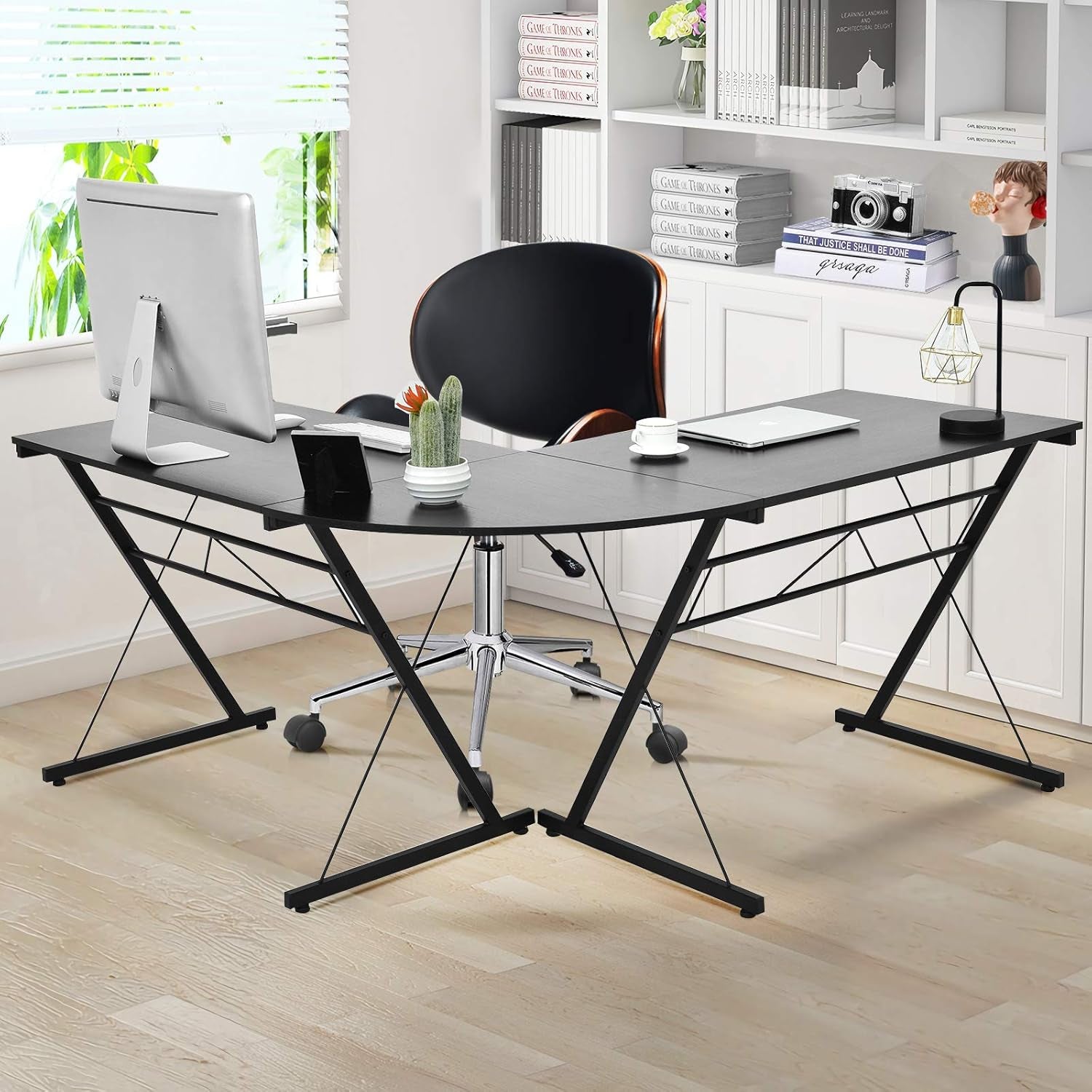 L-Shaped Desk Corner Computer Desk, Space-Saving & Multifunctional Home Office Desk Writing Workstation Study Desk with round Corner (Black)