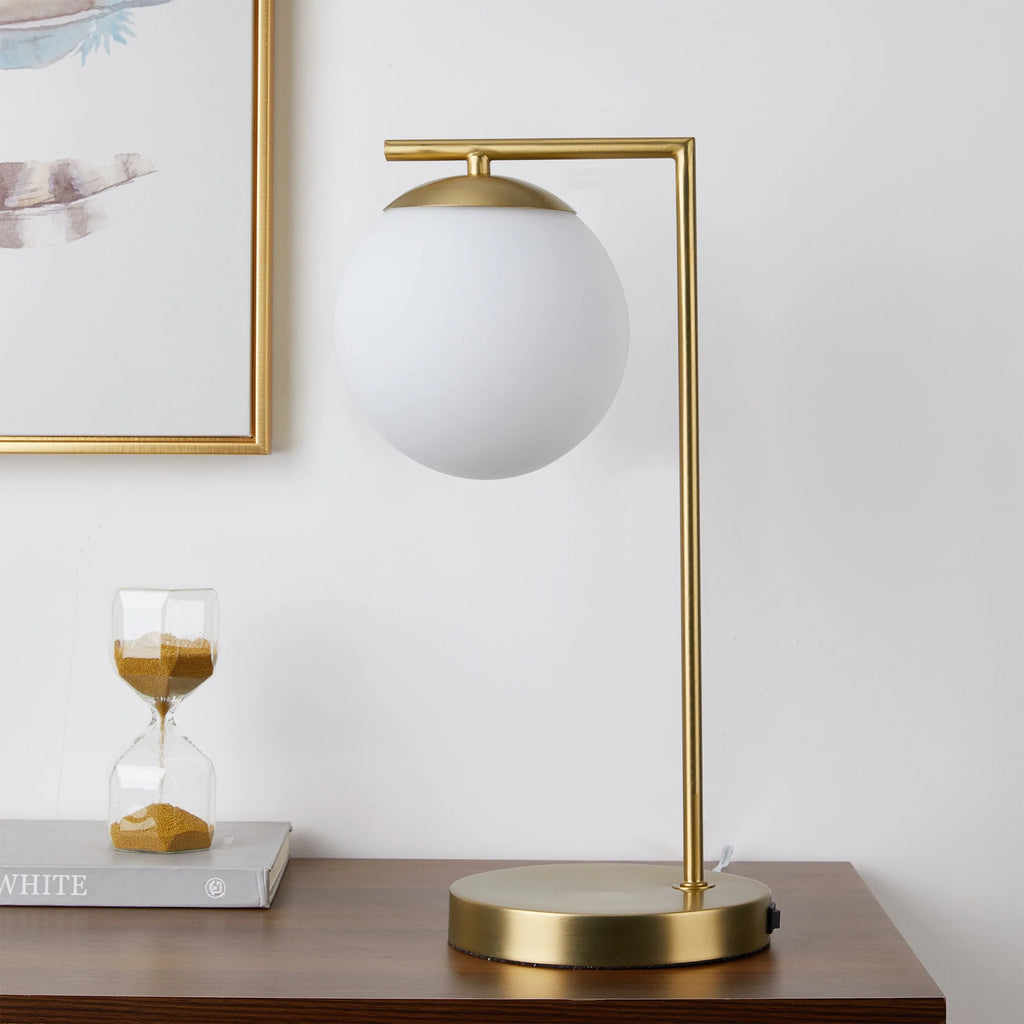 17.5" Frosted Globe Desk Lamp with USB Ports, Brass